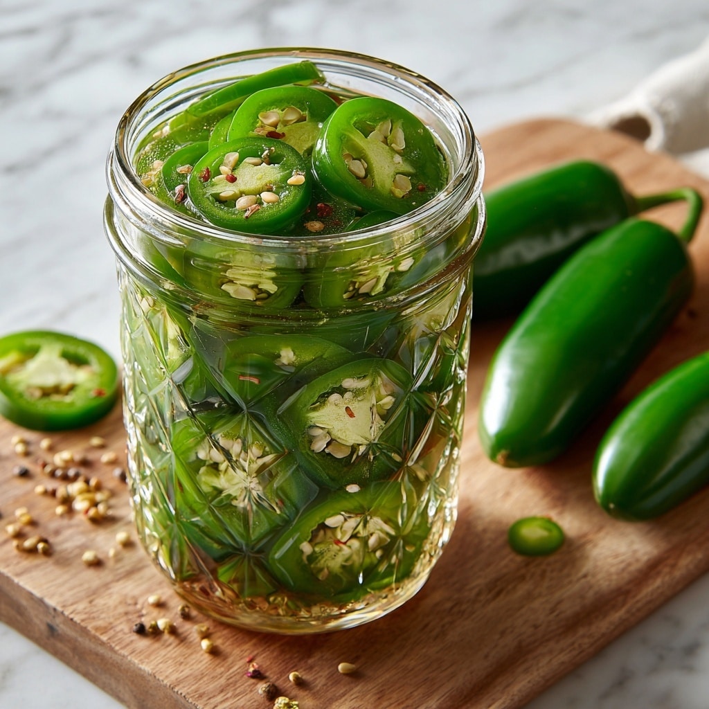 A clear glass jar filled with multiple layers of sliced green jalapeños, showing thick rings with visible seeds inside. The jalapeños are submerged in a clear pickling liquid, giving a shiny texture to the slices. The jar has a textured diamond pattern on the glass and is placed on a wooden cutting board scattered with a few loose seeds. Whole green jalapeños lay beside the jar on the white marbled surface in the background. photo taken with an iphone --ar 4:5 --v 7