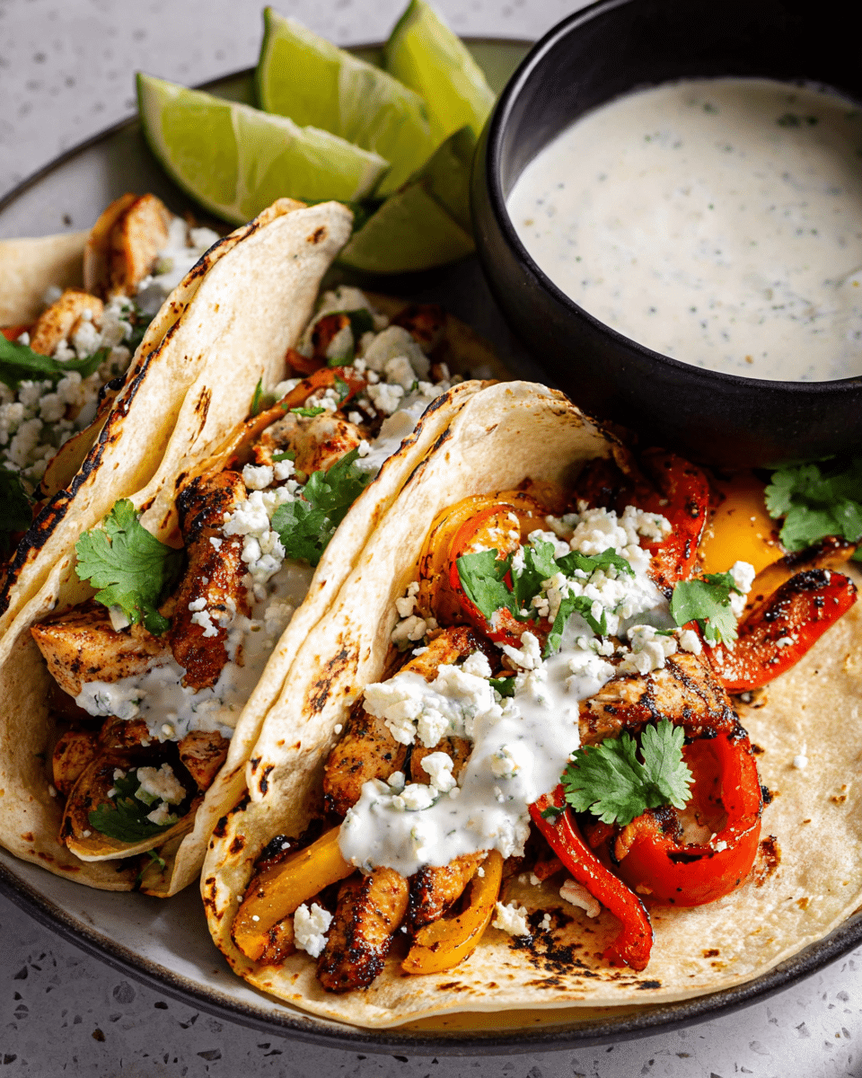 Two soft, lightly charred white tortillas folded in half lie side by side on a white plate. Inside each tortilla, there is a bright mix of grilled red and yellow bell peppers with small pieces of seasoned cooked chicken. On top, dollops of creamy white sauce and white crumbly cheese are scattered, along with fresh green cilantro leaves. To the side on the plate, there are two lime wedges, one with a woman’s hand holding it slightly visible at the bottom left corner. A black bowl with a thick beige sauce sits next to the plate on a white marbled surface. photo taken with an iphone --ar 4:5 --v 7