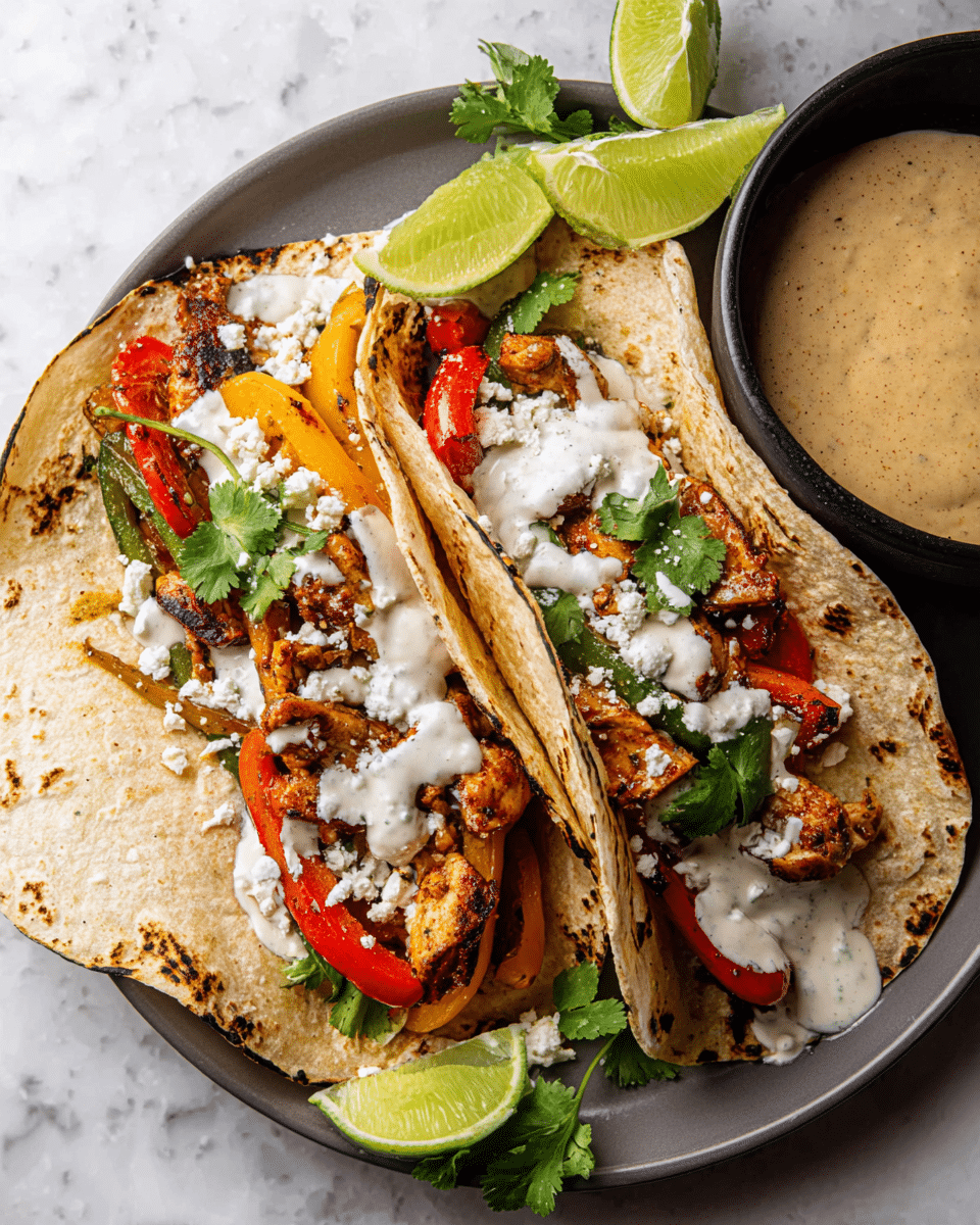 Two soft, slightly charred white tortillas are folded and placed side by side on a white plate with a white marbled texture underneath. Inside each tortilla, the first layer is a mix of grilled chicken strips and sautéed red and yellow bell peppers with a golden-brown color. On top of this, there is a thick layer of white sauce, slightly creamy and smooth, sprinkled with crumbled white cheese and fresh green cilantro leaves, adding a fresh touch. At the top left corner of the plate, two lime wedges with bright green skin and juicy pale green flesh add color and freshness. Nearby, a black bowl filled with more creamy white sauce is partially visible. The photo taken with an iphone --ar 4:5 --v 7