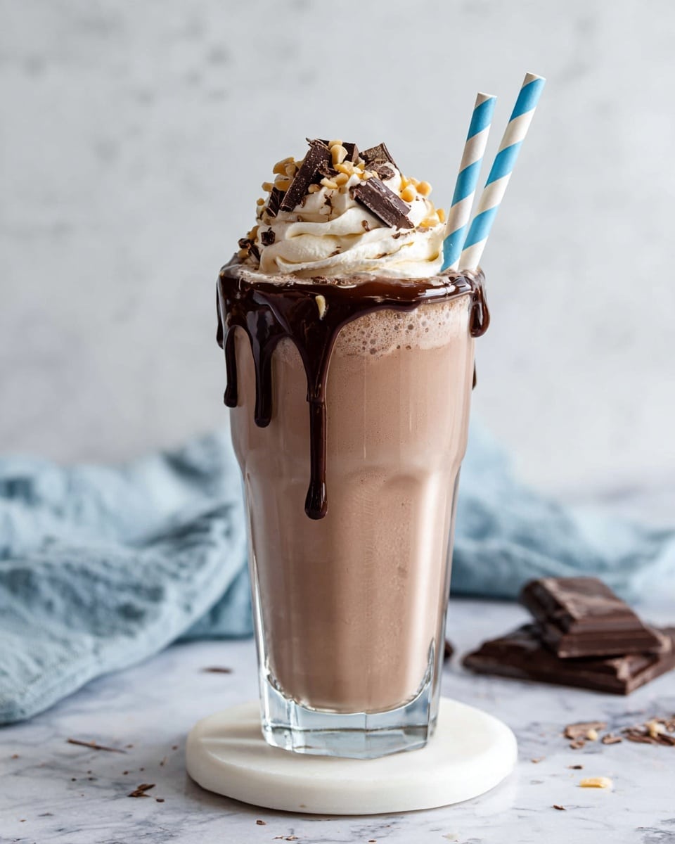 A tall clear glass holds a thick, light brown chocolate milkshake filling most of the glass with a smooth texture. On top, there is a generous swirl of thick whipped cream, light beige in color with soft peaks. Rich dark chocolate syrup drips down from the whipped cream over the sides of the glass. Small pieces of chopped nuts and dark chocolate curls are scattered on top of the whipped cream. A blue and white striped paper straw is placed upright into the milkshake from the right side. The glass sits on a white round coaster over a white marbled surface. Pieces of broken dark chocolate and a crumpled light blue cloth are blurred in the background. photo taken with an iphone --ar 4:5 --v 7