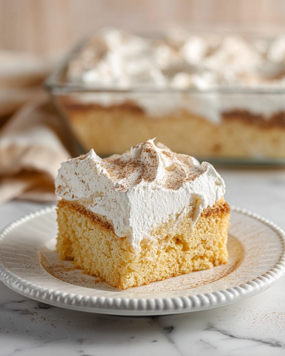 A single square piece of cake sits on a white plate with a beaded edge, showcasing three layers: a golden, moist sponge cake bottom with a soft, porous texture; a middle layer of dense, slightly creamy filling that blends with the cake; and a thick top layer of white whipped cream, fluffy and smooth, sprinkled with light brown cinnamon powder. In the background, a glass dish filled with the same layered dessert is softly out of focus, resting on a white marbled surface. The soft lighting highlights the cake's textures and the cozy setting. photo taken with an iphone --ar 4:5 --v 7