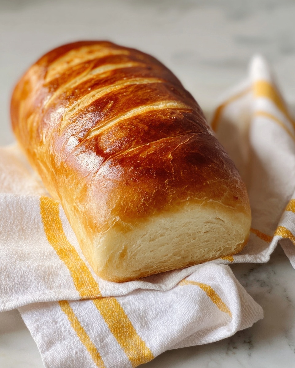 A golden-brown loaf of bread with a shiny crust lies on a white marbled surface. The bread has five diagonal cuts on the top showing a soft, light inside with a slightly flaky texture. Next to the loaf is a crumpled white cloth with thin yellow stripes, adding a homey touch to the scene. Photo taken with an iphone --ar 4:5 --v 7