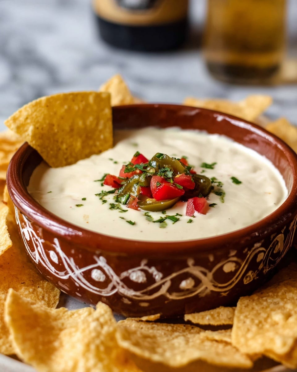 A close-up image showing a white marbled surface with a white ceramic bowl filled with creamy, smooth, pale yellow cheese dip. The cheese is thick and stretchy as it clings to a triangular golden corn chip held by a woman's hand dipping into the bowl from the top left corner. On the right side of the cheese dip are small, chopped layers of bright green jalapeño peppers and vivid red tomatoes, adding color contrast to the creamy base. The cheese dip has a slightly glossy texture that reflects light softly. Photo taken with an iphone --ar 4:5 --v 7