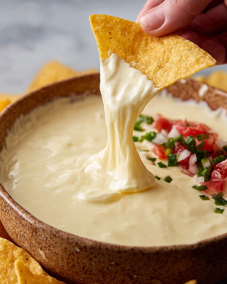A brown ceramic bowl with white decorative patterns holds a creamy, smooth white queso dip as the first layer, topped with a small pile of finely chopped green jalapenos and red tomatoes at the center. A golden yellow tortilla chip is dipped into the cheese on the left side of the bowl, and additional tortilla chips surround the bowl on a white marbled surface. A blurry bottle is in the background. photo taken with an iphone --ar 4:5 --v 7