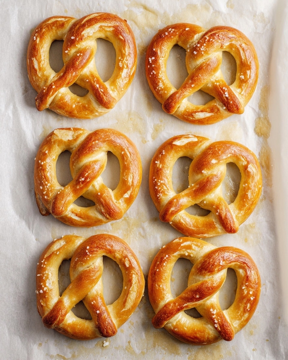 The image shows six soft pretzels on a single layer, resting on parchment paper. Each pretzel has a golden brown crust with a smooth, shiny texture that reflects light, indicating a fresh glaze. The pretzels have a classic twisted shape with thick loops and a thinner central twist. The color varies slightly from light golden in the inner twists to a deeper brown on the edges. The parchment beneath them is slightly stained with oil marks and has a lightly crinkled texture. The background is a white marbled texture. photo taken with an iphone --ar 4:5 --v 7