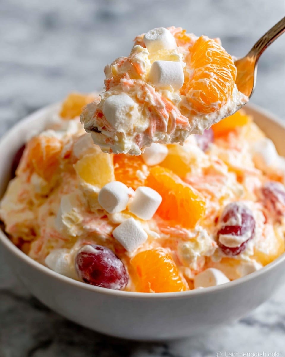 A close-up of a white bowl filled with a creamy fruit salad. The salad has visible layers of small white marshmallows, bright orange mandarin slices, pale yellow pineapple chunks, shredded light orange carrots, and red grapes all mixed in a soft, fluffy white and slightly orange cream. A spoon holds a scoop of the salad above the bowl, showing the mix of colors and textures together. The background is a white marbled texture. photo taken with an iphone --ar 4:5 --v 7