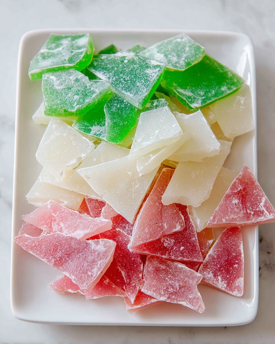 A white square plate holds three neat layers of colorful brittle shards arranged from top to bottom; the top layer is made of green translucent shards with a frosty texture and sharp edges, the middle layer contains creamy white opaque shards that are smooth with some uneven shapes, and the bottom layer is filled with pink shards that have a slight powdery surface and varied triangular shapes, all layered closely together with a white marbled textured surface underneath. photo taken with an iphone --ar 4:5 --v 7