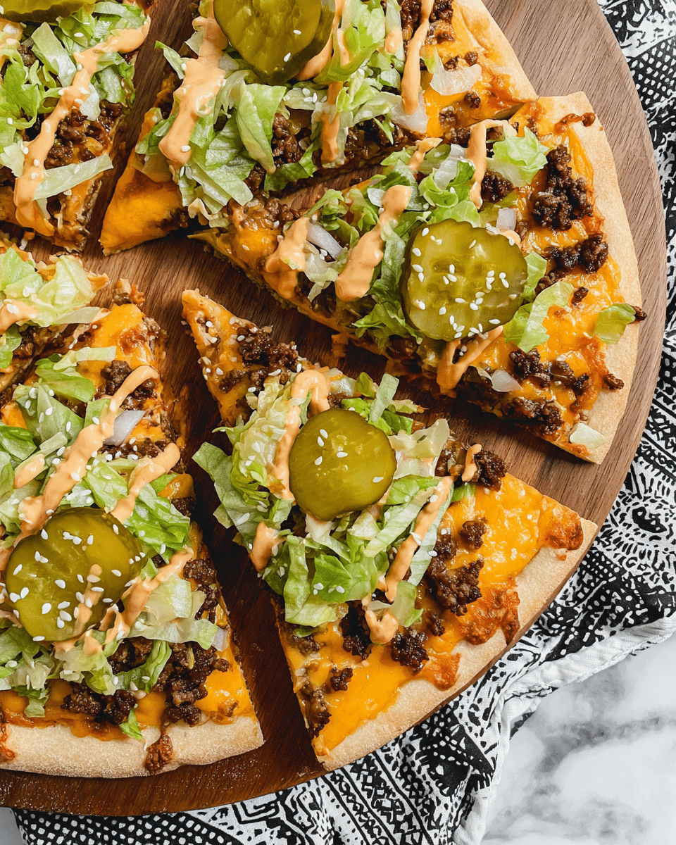 A round pizza sliced into eight pieces sits on a wooden board, placed on a white marbled surface. The pizza has a light golden crust as its base layer, topped with a layer of melted yellow cheese and browned ground beef spread evenly. On top, finely shredded green lettuce is scattered across each slice, with thick green pickle slices placed evenly. A light orange creamy sauce is drizzled in wide streaks over all layers, finishing with a sprinkle of small white sesame seeds. In the background, there is a white plate with golden fries and a glass bowl with extra pickle slices. Photo taken with an iphone --ar 4:5 --v 7