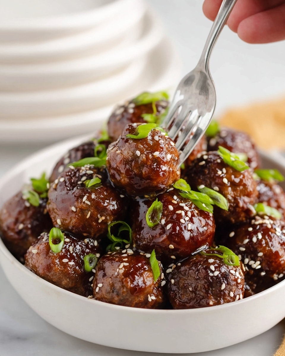 A white plate holds a bed of fluffy, white rice forming the bottom layer, topped with around ten glossy, dark brown meatballs covered in a shiny, thick sauce. The meatballs have a slightly textured surface and are sprinkled with white sesame seeds and small bright green chopped scallions, adding contrast. In the background, there are blurred white bowls, one containing more green scallions and another with light-colored sesame seeds, all set on a white marbled surface. photo taken with an iphone --ar 4:5 --v 7