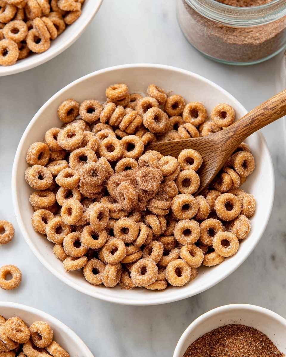 A cone made from printed paper with black and white newspaper-style text holds a pile of small, round cereal rings that are golden brown and coated with a mixture of cinnamon and sugar, spilling out onto a white marbled surface. The cereal has a crispy texture with a slightly rough finish from the sugar and cinnamon coating. In the blurred background, there is a transparent glass jar filled with cinnamon powder. Some loose cereal pieces and sugar granules scatter around the front, adding a casual, inviting touch. photo taken with an iphone --ar 4:5 --v 7