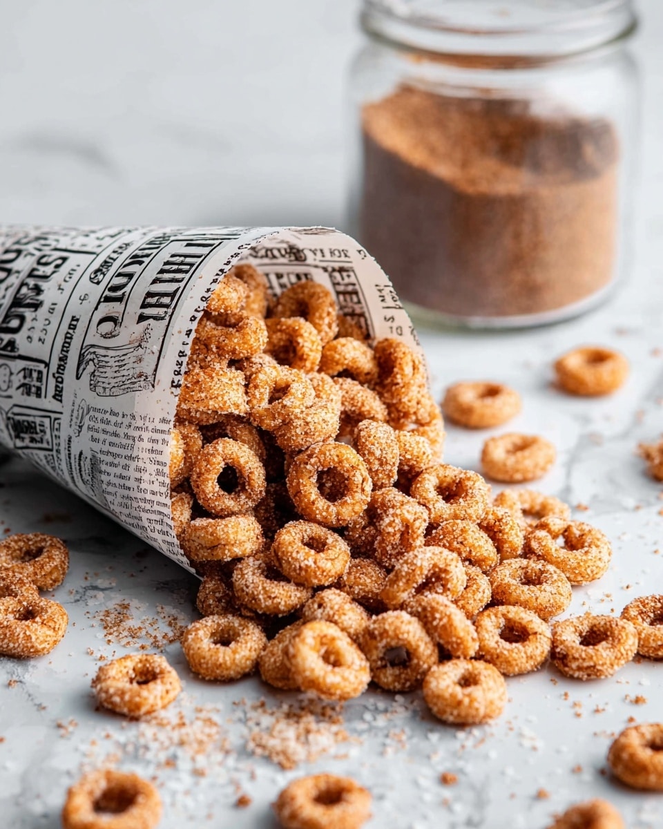 A white bowl filled with one layer of small round cereal rings covered in a cinnamon sugar mix, giving them a light brown and slightly grainy texture. A wooden spoon sits inside the bowl, scooping some cereal, showing their rough, sugary coating closely. Around the bowl, you can see other white bowls and a glass jar with cinnamon powder on a white marbled surface. Photo taken with an iphone --ar 4:5 --v 7