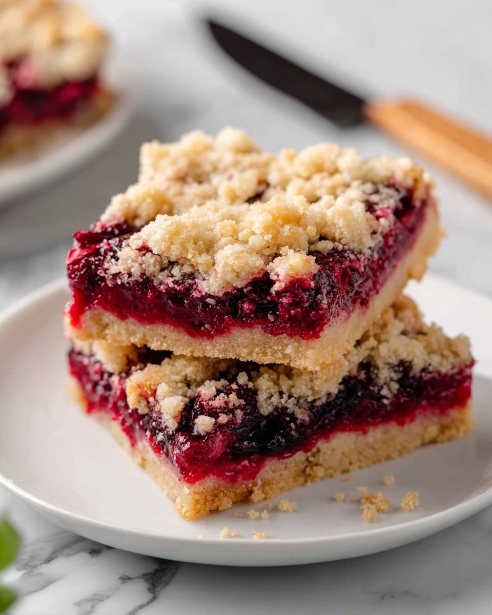 Two stacked square bars are shown on a white plate with two fresh blackberries and a small green herb beside them. Each bar has three layers: the bottom is a light golden, crumbly crust; the middle is a thick, glossy, deep red and purple blackberry filling with visible whole blackberries; the top layer is a golden crumbly streusel with a slightly rough texture. The background is a white marbled texture with a blurred glass of milk. The photo taken with an iphone --ar 4:5 --v 7