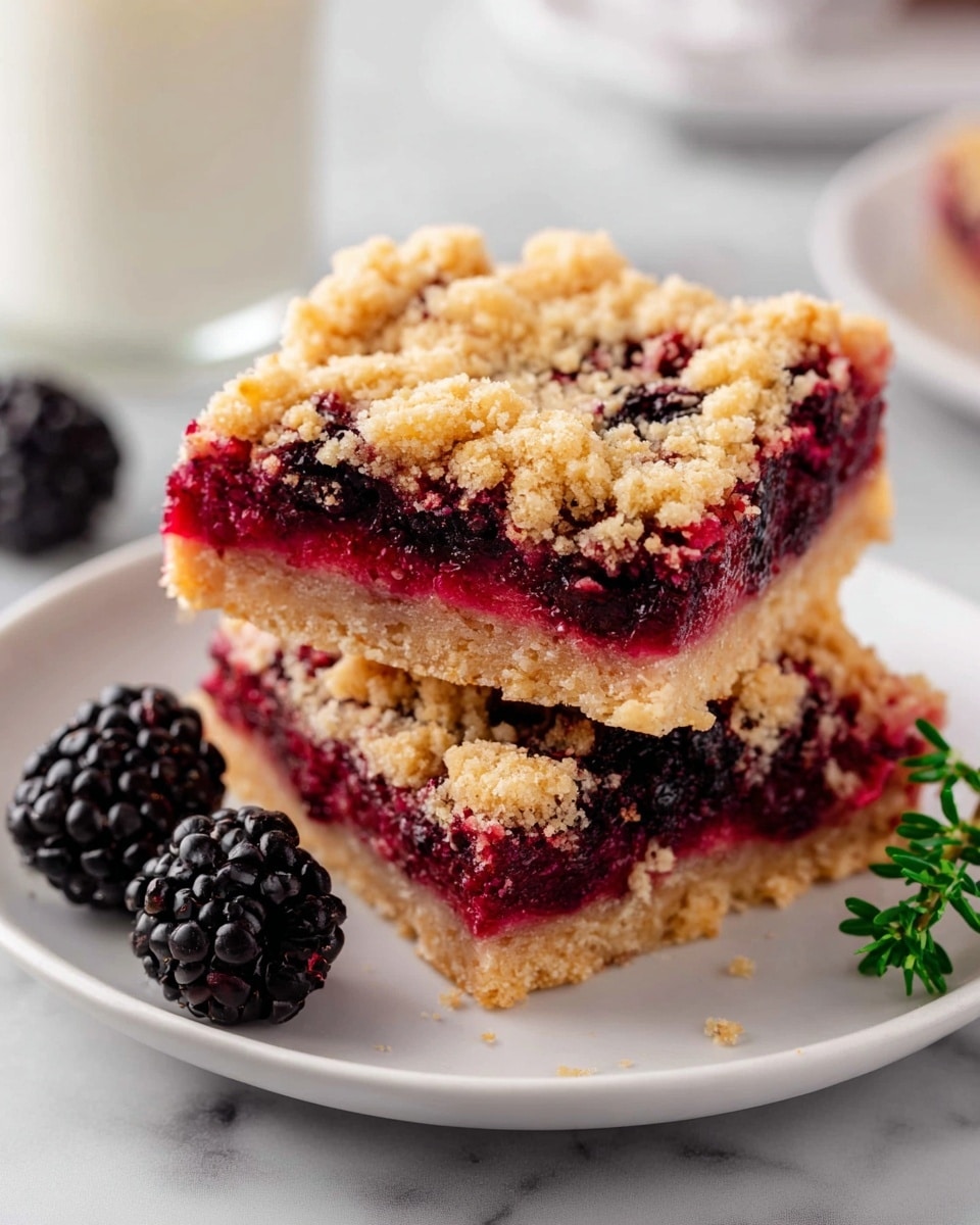 Two stacked dessert bars sit on a white plate with a white marbled background, each bar showing three layers: a light golden crumbly base, a thick middle layer of glossy mixed berries in deep red and dark purple tones with juicy texture, and a top layer of crumbly, golden streusel with a rough texture. The bars are cut into squares, with the top bar slightly tilted, revealing the rich berry filling oozing slightly at the edges. In the background, a knife with a wooden handle lies blurred on the white marbled surface. photo taken with an iphone --ar 4:5 --v 7