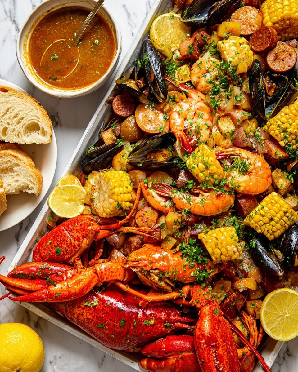 A white tray filled with a mix of seafood and sides layered in a vibrant, colorful arrangement: the bottom layer shows bright orange lobster claws and legs, mixed with reddish-orange cooked shrimp and dark black mussels. On top of this are chunks of yellow corn on the cob and small light brown potatoes, both sprinkled with chopped green herbs. Red sausage pieces and lemon halves are nestled among the seafood. The seafood and sides are covered with diced cooked onions and green parsley. To the side of the tray is a slice of white bread, a bowl of brown butter sauce, and a whole lemon, all on a white marbled surface. Photo taken with an iphone --ar 4:5 --v 7