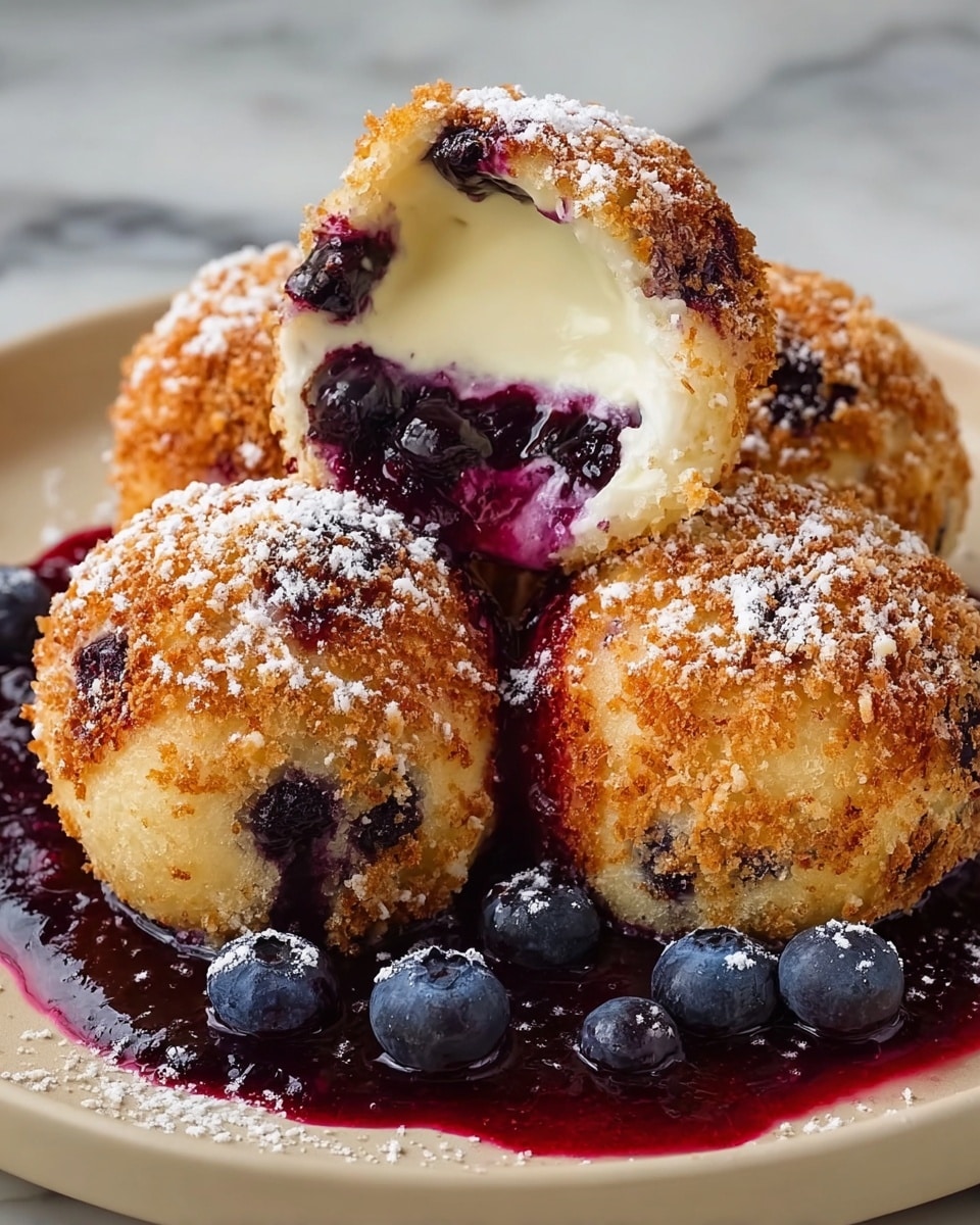 The image shows four round, golden brown dessert balls on a white plate, each with a crispy crumb layer on the outside. One ball is cut open on top, revealing a creamy white inside filled with a dark purple blueberry mixture. A thick, glossy blueberry sauce is spread on the plate around the balls, with fresh blueberries on the side. The dessert balls are lightly dusted with powdered sugar, adding a soft white touch on top. The background has a white marbled texture. photo taken with an iphone --ar 4:5 --v 7