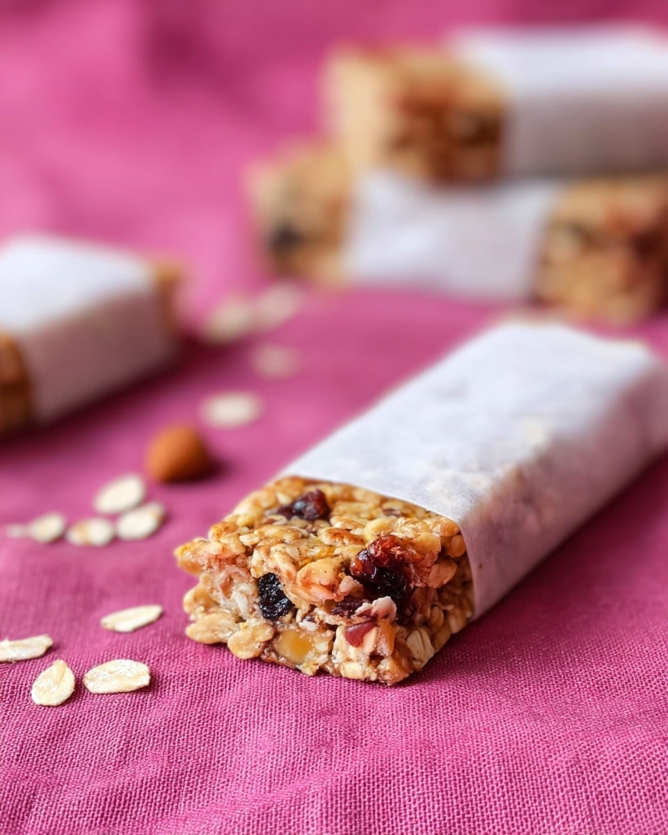 A close-up of a single granola bar partially wrapped in white wax paper, showing a dense mix of oats, nuts, and dried fruit in warm brown and tan colors, resting on a bright pink textured cloth. In the background, there are three more granola bars fully wrapped and stacked horizontally. Scattered oats and a single nut piece add texture and detail around the bars. photo taken with an iphone --ar 4:5 --v 7