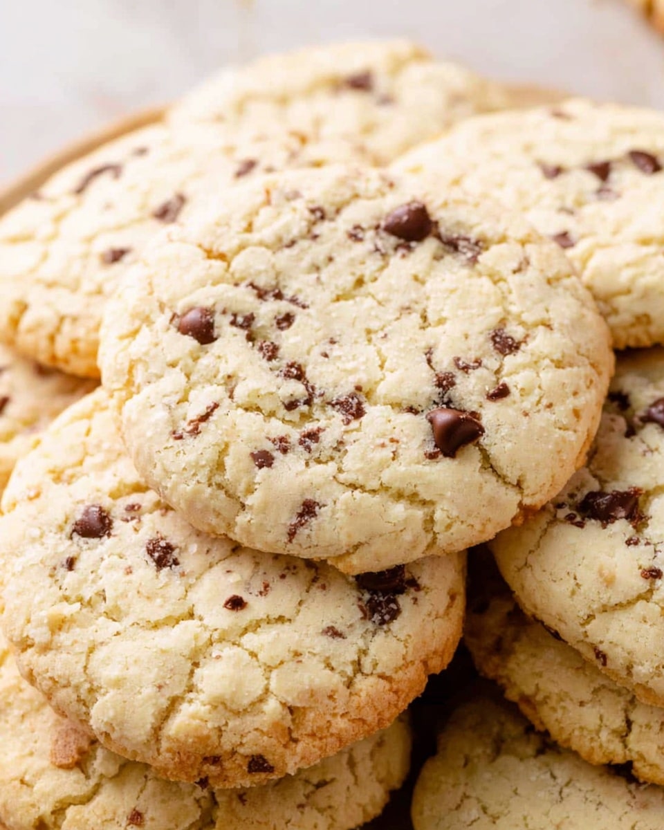 A close-up view of several large, round cookies stacked on a surface with a white marbled texture. Each cookie is pale beige with a slightly cracked texture and golden edges. Small, dark brown chocolate chips are scattered unevenly across the surface of the cookies, some partially melted into the dough. The cookies have a soft, crumbly texture with slight puffiness and irregular shapes. Photo taken with an iphone --ar 4:5 --v 7