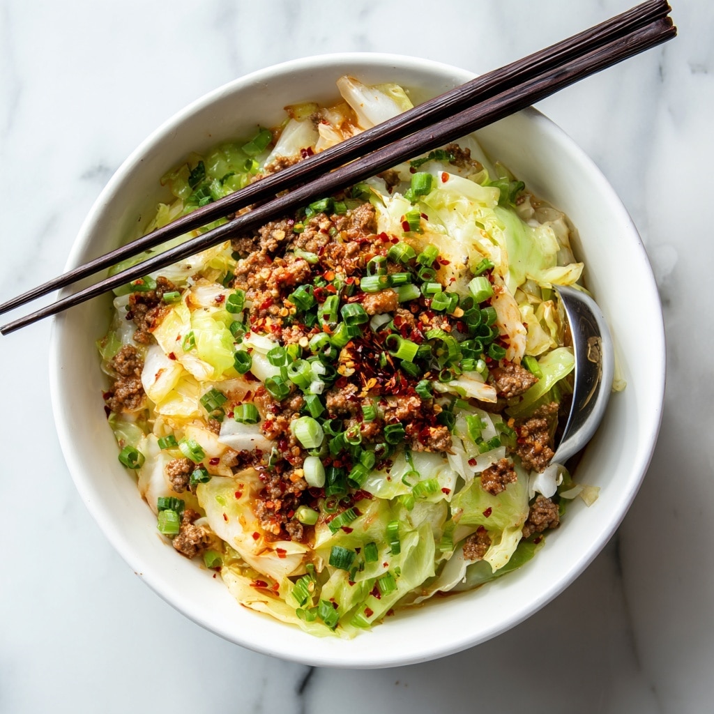 A bowl filled with stir-fried noodles layered with cooked minced meat and chopped green onions on top. The noodles have a golden-brown color with some darker caramelized edges, mixed with pieces of cooked cabbage that add a light green and white texture. Thin slices of orange carrots are scattered throughout the dish, adding brightness. The bowl is white with a thin brown rim, and a pair of dark wooden chopsticks rests diagonally inside. A small dish of red chili flakes sits nearby on a white marbled surface, with some green onion pieces scattered around. Photo taken with an iphone --ar 4:5 --v 7