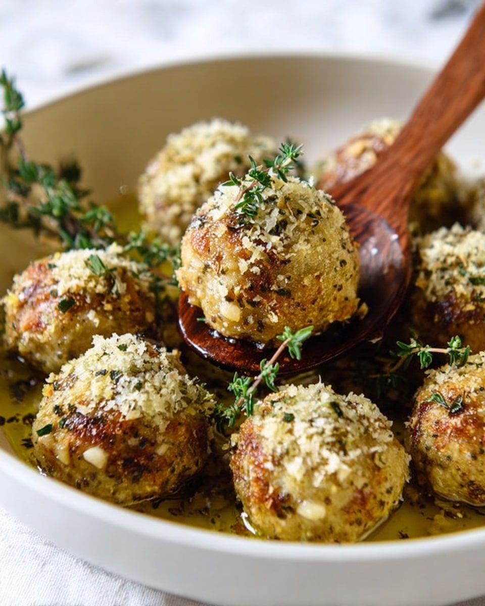 The image shows a white bowl filled with several round, golden-brown baked balls, each topped with a light, crumbly layer of breadcrumbs mixed with green herb flakes. Some fresh green sprigs of thyme are placed on top and around the balls for garnish. A wooden spoon is scooping one of the balls from the bowl, with visible olive oil pooling at the bottom, adding a shiny texture. The surface beneath the bowl has a white marbled texture, and in the background, more of the bowl's curved rim is visible with soft lighting highlighting the textures and colors. Photo taken with an iphone --ar 4:5 --v 7