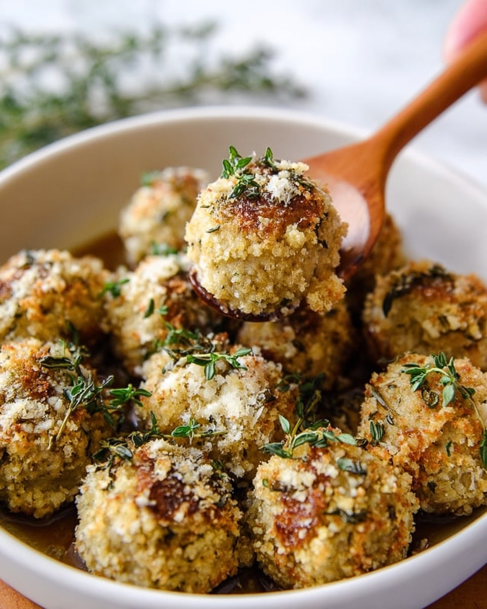 The image shows a white bowl filled with round, golden-brown breaded meatballs topped with green herbs, likely thyme, scattered over them. Each meatball has a crumbly texture with a crispy breadcrumb coating. The background is blurred but hints at a white marbled surface. A wooden spoon is scooping one meatball from the bowl, held by a woman's hand that is partially visible. The dish looks warm and inviting with fresh green herbs adding a touch of color on the mostly golden and beige meatballs. Photo taken with an iphone --ar 4:5 --v 7