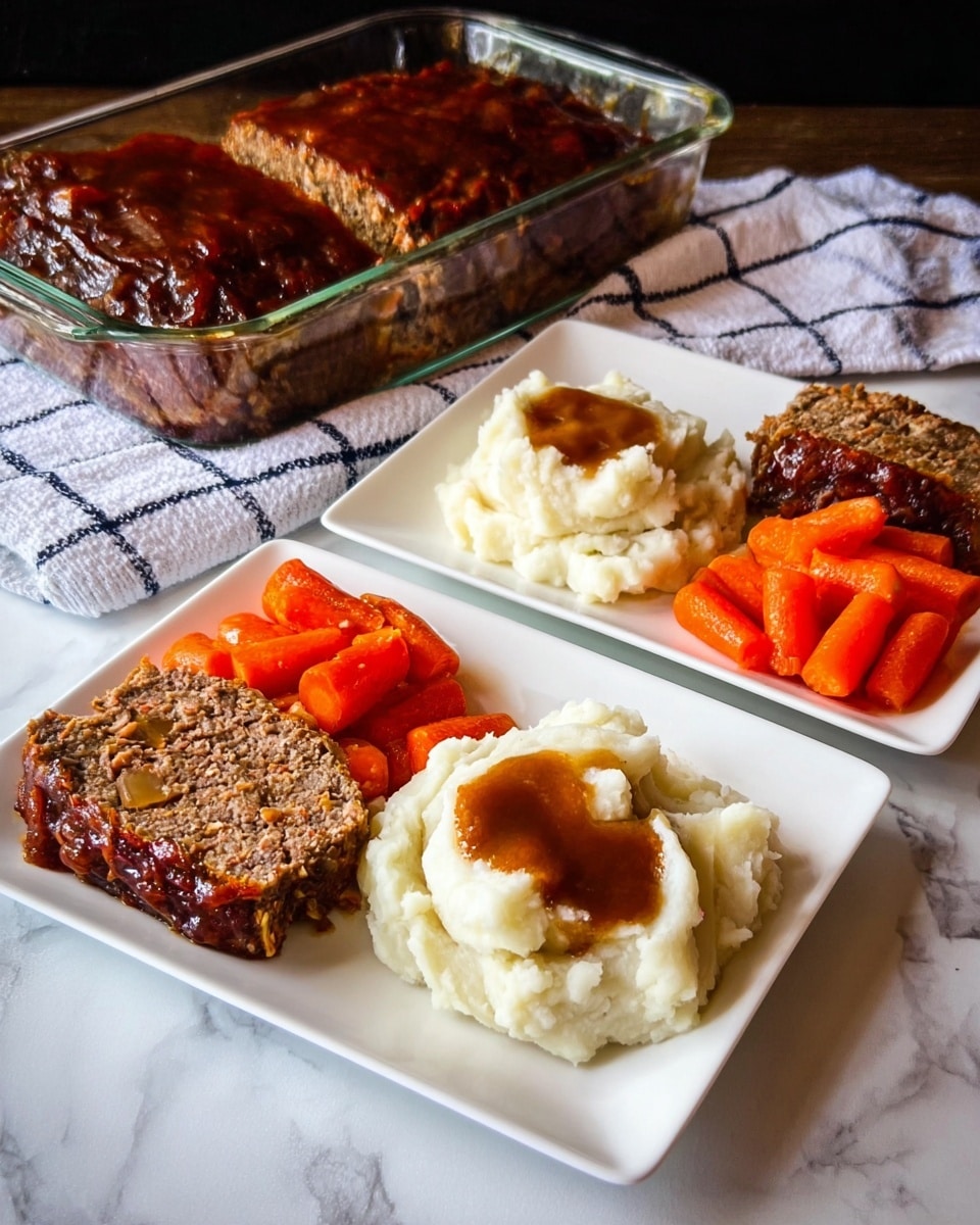 Two white square plates sit on a white marbled surface, each holding three sections of food: mashed potatoes with a smooth texture topped with a brown gravy pool in the center, bright orange sliced cooked carrots arranged neatly beside them, and a thick slice of meatloaf with a dark brown, slightly crispy top. Behind the plates, there is a clear glass dish with more meatloaf and gravy, resting on a white cloth with blue stripes. The meatloaf in the baking dish has a darker crust and visible sauce on top. Photo taken with an iphone --ar 4:5 --v 7