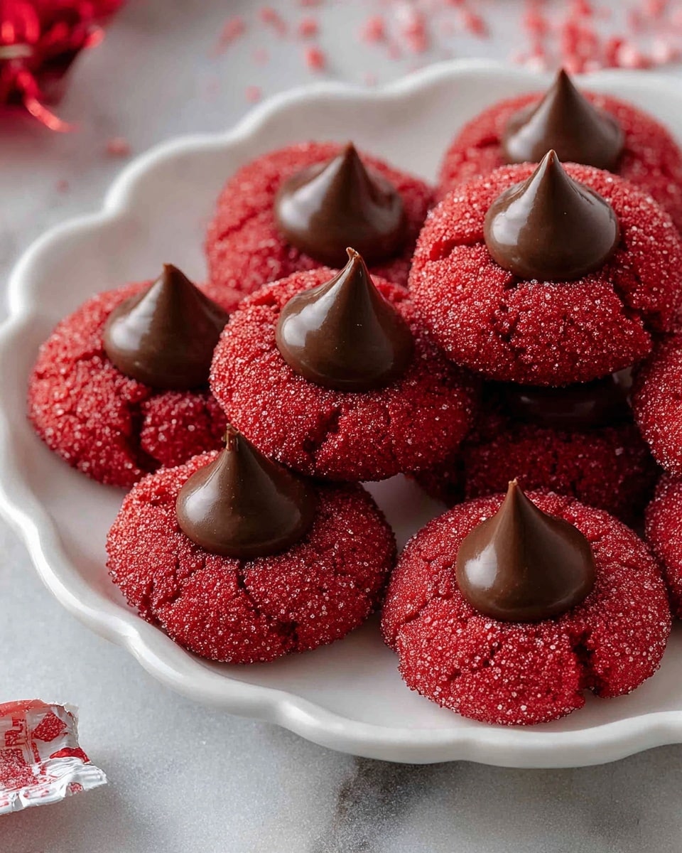 The image shows a cluster of round red cookies coated in coarse sugar, placed on a white scalloped plate. Each cookie has a slightly cracked surface and is topped with a smooth, dark brown, pointed dollop of chocolate in the center. The cookies are closely arranged, filling the plate. The background is a white marbled surface with some red sugar sprinkles and a small piece of torn candy wrapper visible near the edge of the plate. Photo taken with an iphone --ar 4:5 --v 7
