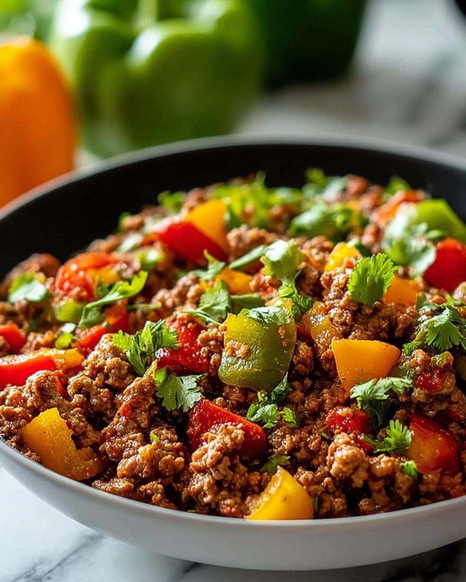 A close-up view of a dish in a white bowl filled with cooked ground meat that is brown and crumbly, mixed with vibrant red, yellow, and green bell pepper pieces cut into chunks, all topped with fresh green cilantro leaves scattered on top. The bowl sits on a surface with a white marbled texture, and some green bell peppers are blurred in the background. photo taken with an iphone --ar 4:5 --v 7