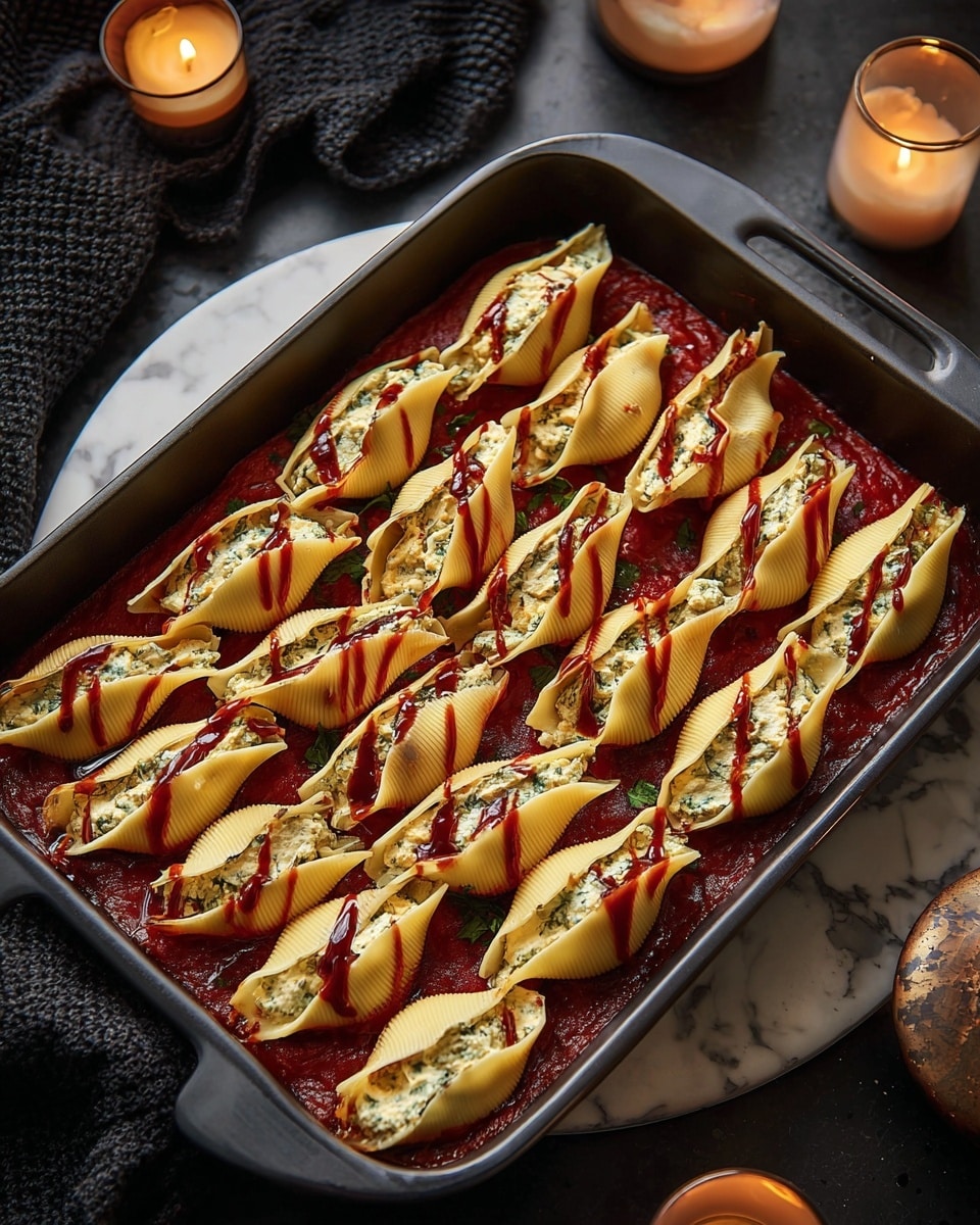 The image shows a black baking dish filled with stuffed pasta shells. The bottom layer is a thick, rich red tomato sauce spread evenly across the dish. On top of this, there are two rows of large yellow pasta shells, each filled with a white, creamy cheese mixture with small bits of herbs visible. The shells are neatly arranged, filling the dish completely. A dark red drizzle is artistically spread over the pasta shells in thin lines. The dish sits on a dark surface with some dark cloth and two lit candles nearby, creating a cozy atmosphere. photo taken with an iphone --ar 4:5 --v 7