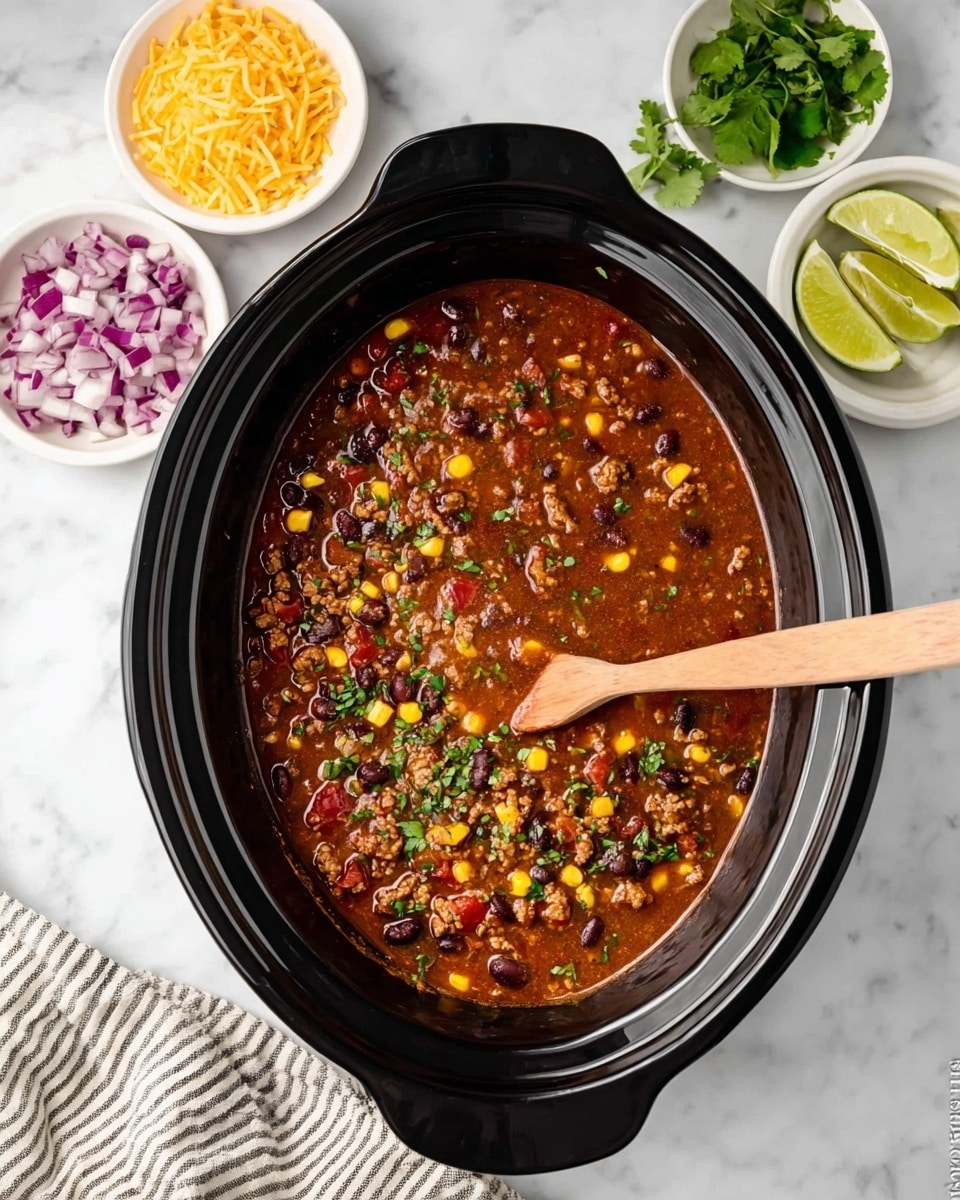 A black slow cooker filled with chunky chili that has a thick, reddish-brown broth mixed with pieces of ground meat, black beans, yellow corn, diced tomatoes, and green herbs scattered on top. A wooden spoon is partially dipped in the chili from the right side. Surrounding the slow cooker on a white marbled surface are three small white bowls containing chopped red onions, shredded yellow and white cheese, and fresh green herbs, along with four lime wedges placed to the upper right. A striped cloth is partially visible under the slow cooker at the bottom. photo taken with an iphone --ar 4:5 --v 7