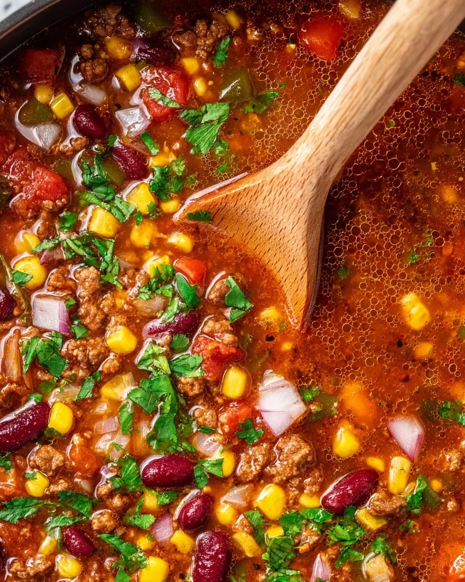 A close-up view of a rich chili soup showing a mix of colorful layers including yellow corn kernels, red kidney beans, diced red onions, chunks of red tomatoes, small brown ground meat pieces, and bright green chopped cilantro leaves, all immersed in a thick, reddish-brown broth with visible bubbles. A wooden spoon rests on the right side partially submerged in the soup, while the background is a white marbled texture. photo taken with an iphone --ar 4:5 --v 7