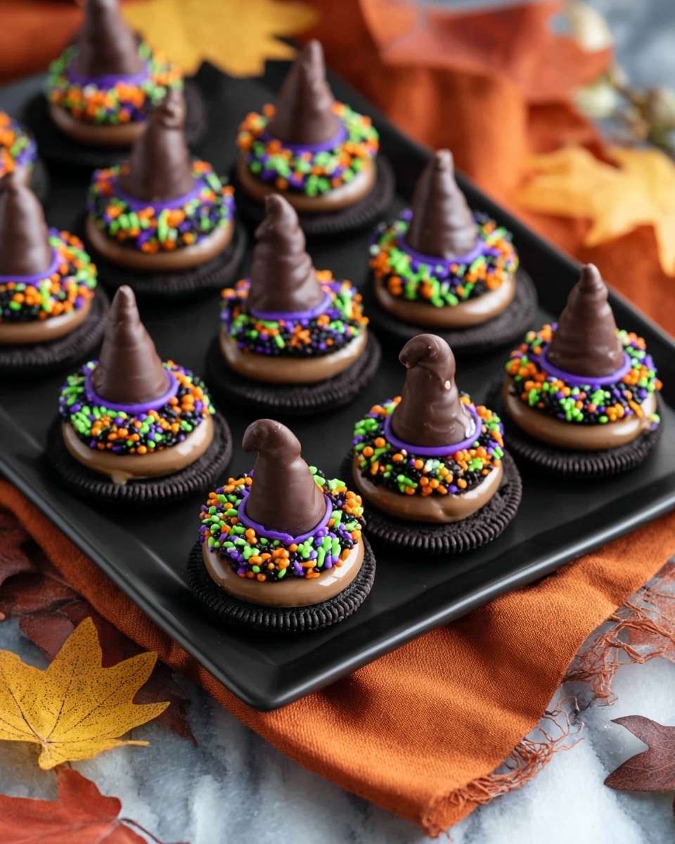 A tray holds several witch hat-shaped treats, each with three main layers: a dark chocolate cookie base, a middle layer of smooth milk chocolate covering the cookie, and topped with a small, cone-shaped chocolate candy. Around the cone is a ring of colorful sprinkles in green, orange, purple, and small black nonpareils, creating a festive look. The treats are arranged neatly on a rectangular black tray placed on a white marbled surface partly covered with an orange cloth and autumn leaves scattered nearby. photo taken with an iphone --ar 4:5 --v 7