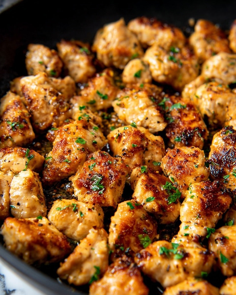 A close-up view of many small pieces of cooked chicken in a black pan, each piece browned and slightly crispy on the outside with a mix of light golden and darker brown shades, sprinkled with small bits of chopped green herbs, and showing a textured surface with a mix of smooth and rough patches. The background is out of focus and has a hint of white marbled texture. photo taken with an iphone --ar 4:5 --v 7