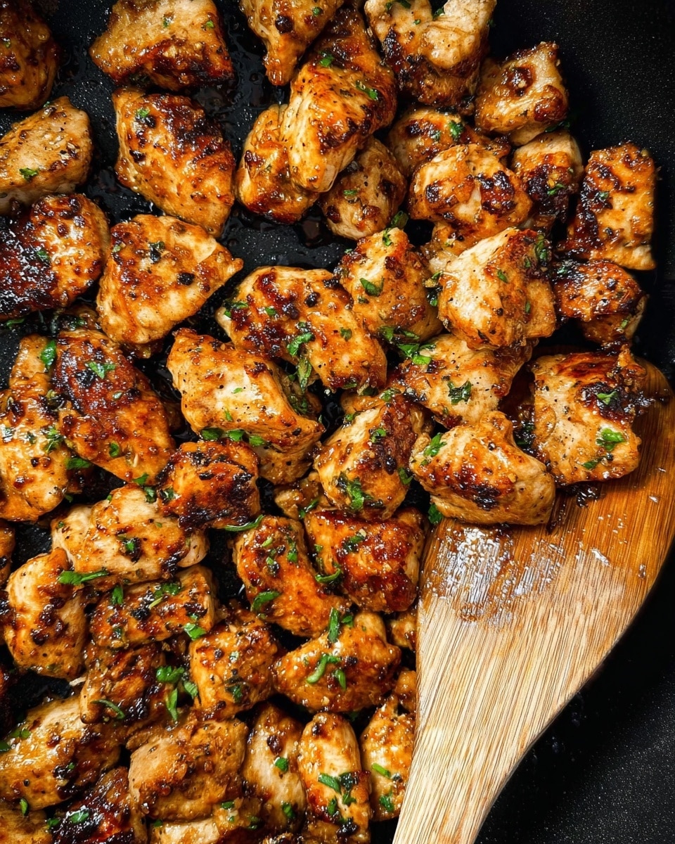 The image shows many pieces of cooked chicken in a black pan. The chicken pieces are golden-brown with some darker charred spots, giving a crispy and slightly rough texture. Small green herb bits are sprinkled all over the chicken. To the right side of the pan, a smooth, light brown wooden spatula is resting among the chicken pieces. The background is a close-up view, focusing on the chicken's glossy and savory surface. photo taken with an iphone --ar 4:5 --v 7