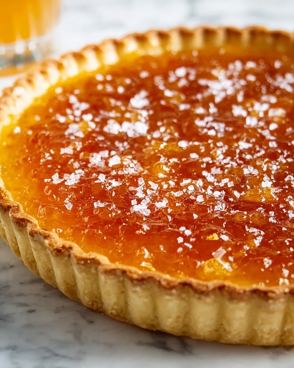 A close-up of a golden brown tart with a smooth, glossy top layer sprinkled lightly with powdered sugar. The tart has a thick, caramel-colored custard layer in the middle with a firm, slightly crumbly crust at the bottom and edges, all neatly held in a white plate with a delicate pattern on its rim. The background is a white marbled texture. Photo taken with an iphone --ar 4:5 --v 7