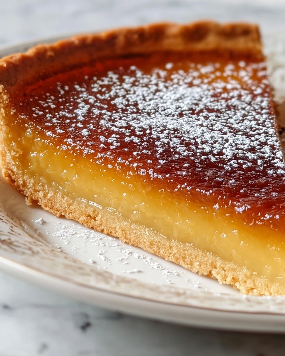A close-up of a round tart with one visible layer, showing a jam-like orange filling with a glossy, slightly bubbly texture on top and a sprinkling of coarse white salt crystals. The crust is thick, golden brown with a wavy edge, and looks flaky and crisp, holding the filling inside. The tart sits on a white marbled surface. The background is blurred but shows hints of orange-colored drinks. photo taken with an iphone --ar 4:5 --v 7