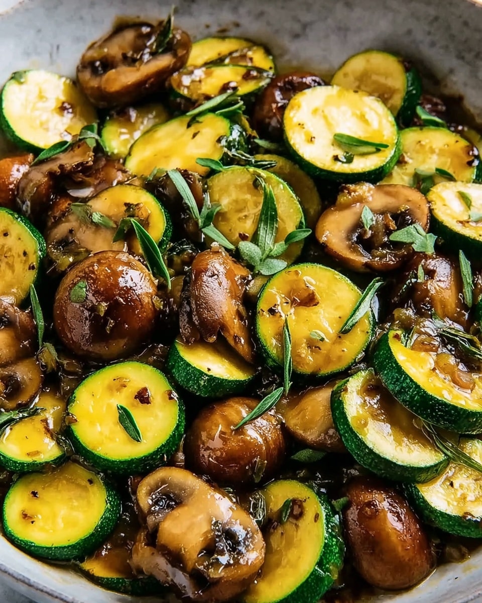 The image shows a close-up of cooked zucchini and whole mushrooms mixed together. The zucchini is sliced into thick, round pieces with bright green edges and soft yellow centers, some slices stacked slightly on top of each other. The mushrooms are whole and have a shiny, golden-brown surface with a smooth, rounded texture. Small green herbs are sprinkled over the vegetables, with a glossy sauce coating everything, adding a slight shine. The background is a white marbled texture. photo taken with an iphone --ar 4:5 --v 7