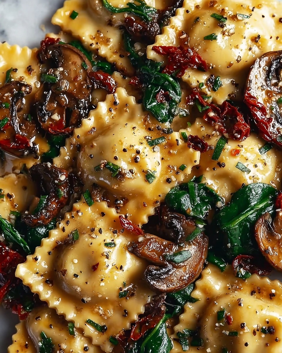 The image shows a close-up of round ravioli pasta with zigzag edges, layered with sautéed mushrooms that are brown and glossy, wilted green spinach leaves, and sun-dried tomatoes that are deep red and slightly wrinkled. The ravioli has a light yellow color with a shiny surface, speckled with black pepper and small green herb bits. The ingredients are mixed together, creating a textured and colorful dish with brown, green, and red tones all visible in the frame, sitting on a white marbled textured surface. photo taken with an iphone --ar 4:5 --v 7