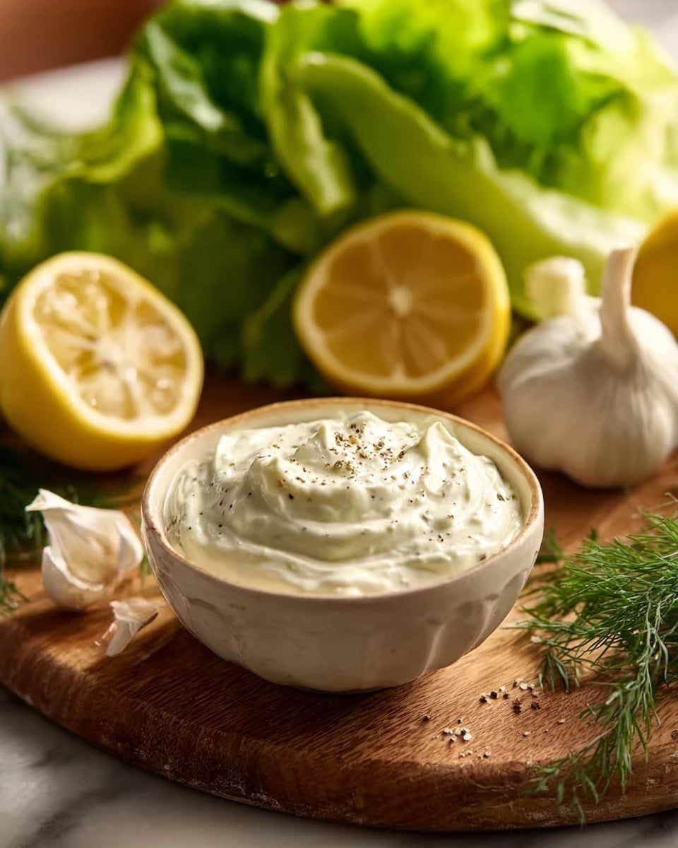 A close-up of a small white bowl filled with a creamy, white, and slightly textured dip, with a few black specks on top, placed on a wooden board. Around the bowl, there are green lettuce leaves in the background, two lemon halves showing bright yellow flesh, white garlic bulbs, and some fresh dill, all set on a white marbled surface. The lighting is soft and warm, highlighting the fresh and natural look of the ingredients. photo taken with an iphone --ar 4:5 --v 7