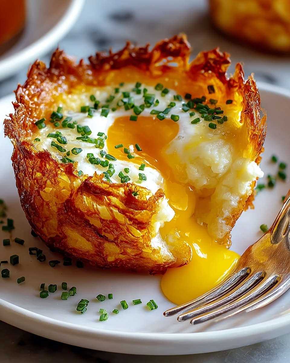 A crispy, golden-brown cheese crust forms the outer layer of this round dish, with a lacy texture and slightly charred edges. Inside, there is a soft, fluffy layer of cooked egg whites, topped with a runny yolk that is oozing out in the center. The dish is garnished with small pieces of bright green chopped herbs scattered on top and around it. It is served on a plain white plate set on a white marbled surface, with a silver fork resting to the side. photo taken with an iphone --ar 4:5 --v 7