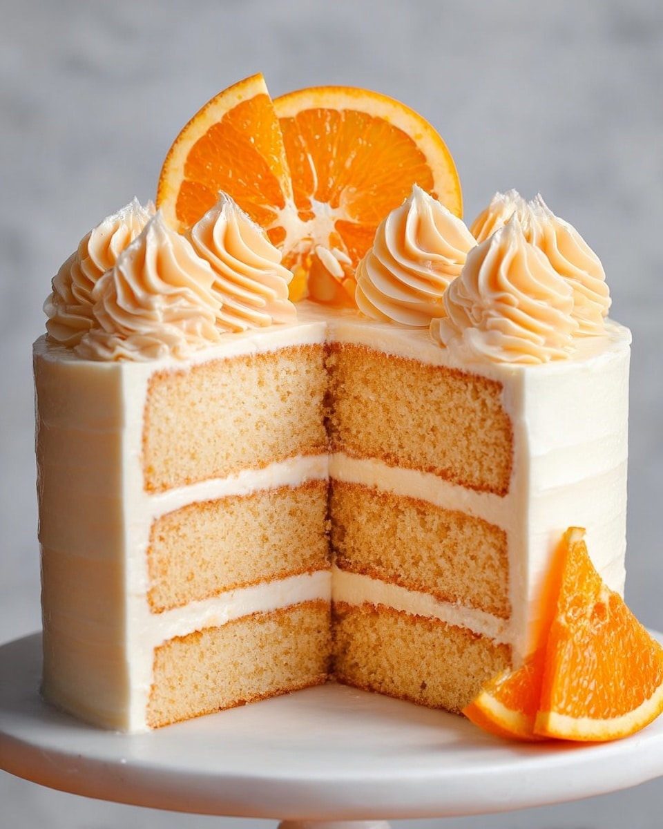 A smooth, round cake with three visible layers is covered in thick, soft peach-colored frosting. The frosting has a creamy texture with vertical swipes going around the sides and a slightly uneven spread on the top. A woman's hand is holding a metal spatula with a blue handle, smoothing the frosting on the top edge. The cake sits on a white cake board placed on a silver turntable with a white base, set against a white marbled surface. Photo taken with an iphone --ar 4:5 --v 7