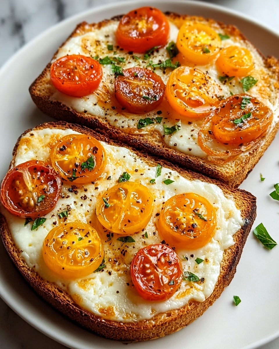 Two slices of toasted bread on a white plate set on a white marbled surface are topped with a rich layer of melted white cheese that shows some golden brown spots from baking. On top of the cheese, there are slices of red and yellow cherry tomatoes, slightly cooked with a glossy texture. Fresh green herbs are sprinkled over the toast, along with freshly ground black pepper adding specks over the surface. The toast edges are browned and crispy, giving a contrast to the soft melted cheese and juicy tomatoes. Photo taken with an iphone --ar 4:5 --v 7