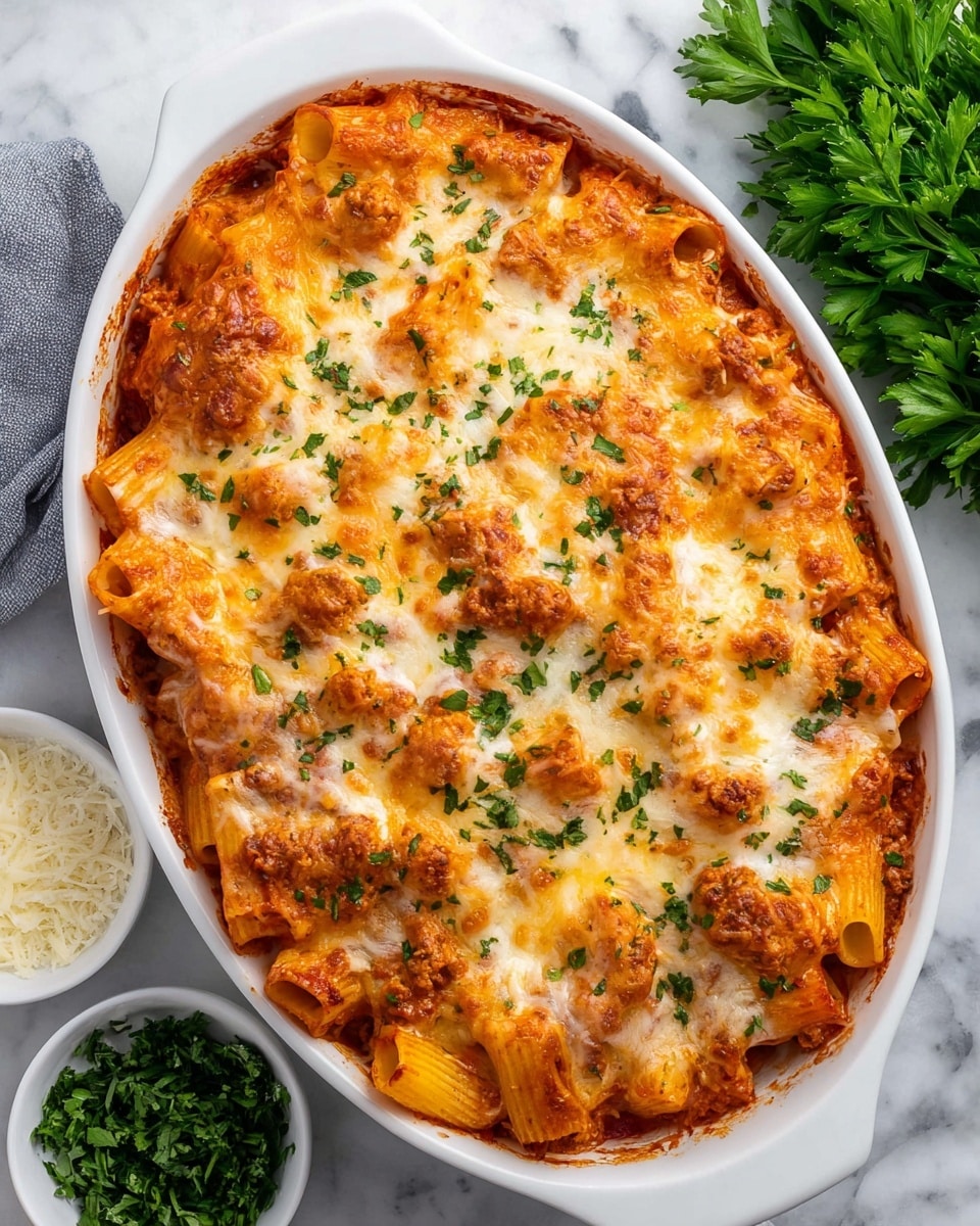 The image shows a white oval baking dish filled with baked rigatoni pasta. The dish has two main visible layers: a bottom layer of rigatoni pasta covered in a red tomato sauce with browned bits of meat, and a top layer of melted golden and slightly browned cheese sprinkled with chopped green herbs. The cheese layer looks bubbly and rich, covering the pasta evenly. The rigatoni pasta tubes are visible poking through the cheese, showing their ridged texture. The dish is placed on a white marbled surface with a bunch of fresh green parsley in the background and small white bowls containing grated cheese and chopped herbs beside the dish. photo taken with an iphone --ar 4:5 --v 7
