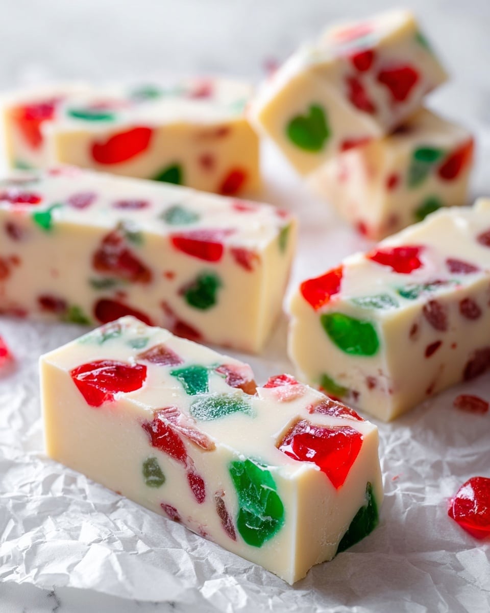 The image shows several rectangular pieces of a creamy white bark candy with embedded chunks of red and green candied fruit scattered evenly throughout. The bark pieces have a smooth, slightly glossy surface with some small air bubbles visible. They are laid on crumpled parchment paper over a white marbled surface. The pieces vary in size and shape, with some having clean straight edges and others slightly broken. The bright red and green fruit contrasts vividly against the pale white background of the bark, creating a festive look. photo taken with an iphone --ar 4:5 --v 7