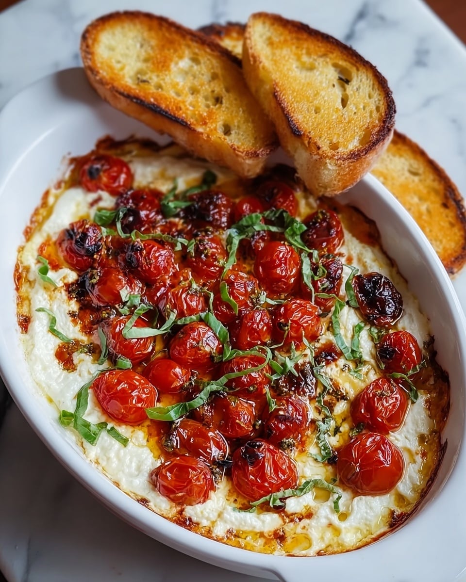 The image shows a white round baking dish filled with a baked creamy base layer that is lightly browned at the edges. On top, there is a layer of roasted cherry tomatoes, some whole and some halved, with charred spots creating a mix of red and dark brown shades. Fresh green herbs, roughly chopped, are scattered evenly over the tomatoes. Two slices of toasted bread, golden brown with a crispy texture, lean against the edge of the dish. The dish sits on a white marbled surface. photo taken with an iphone --ar 4:5 --v 7