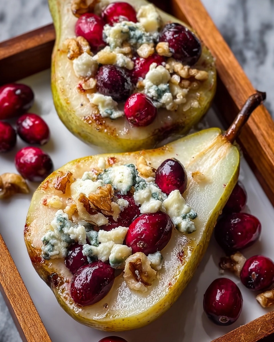 Two halves of a baked pear sit side by side on a white parchment-lined tray with a wooden edge, placed on a white marbled surface. Each pear half has a soft, light yellow flesh layer with a slightly browned, caramelized texture from baking. On top, there is a thick layer of crumbly blue cheese, mixed with bright red, shiny cranberries, and scattered golden-brown walnut pieces. The pears are also drizzled with a glossy honey glaze that reflects light, adding a sticky texture and shine to the toppings. Some whole walnuts and cranberries are scattered around the tray for added visual interest. photo taken with an iphone --ar 4:5 --v 7