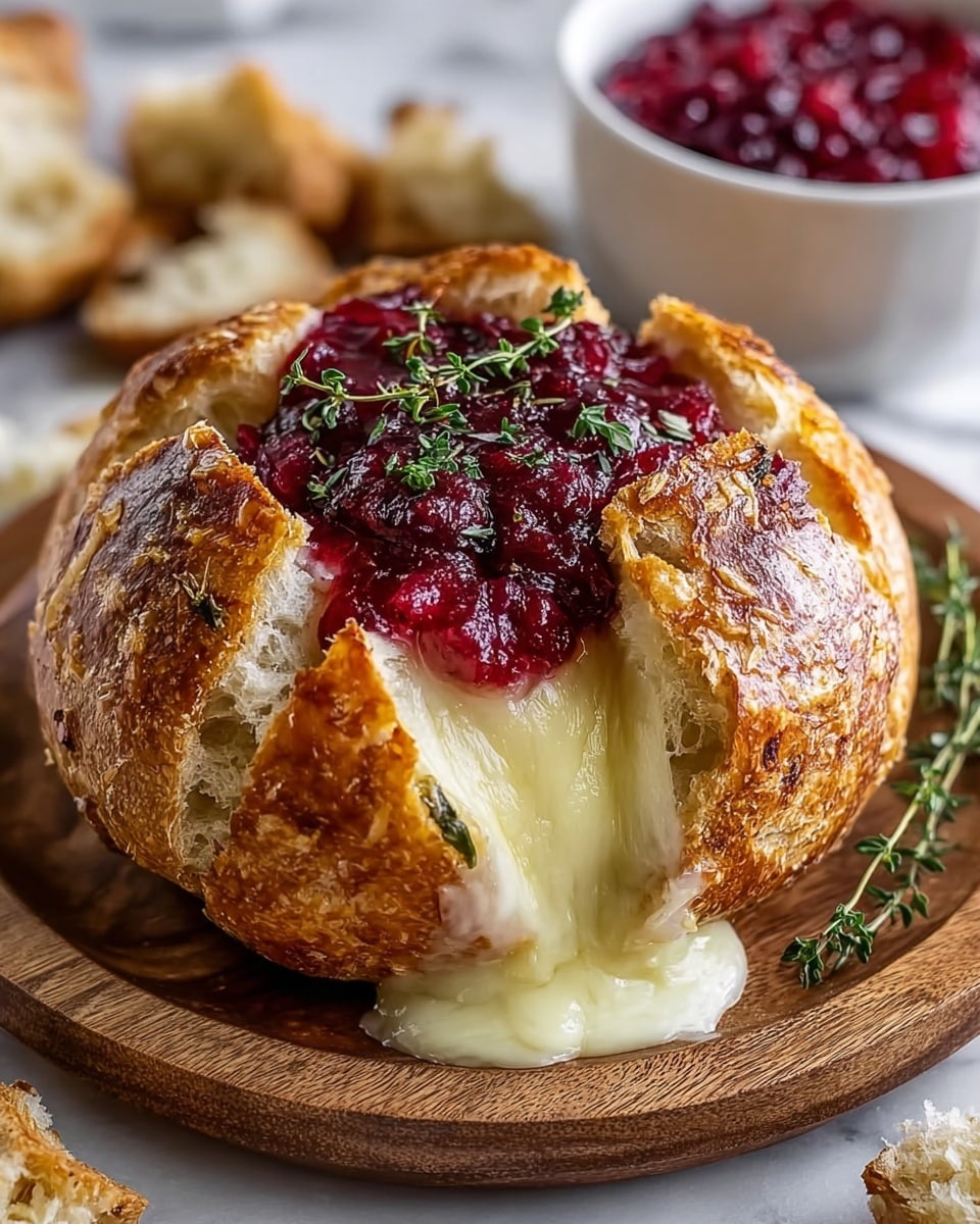 A round bread loaf with a golden brown crust is cut into large wedges around the top, revealing melted, gooey yellow cheese flowing out from the center, forming the first layer. On top of the cheese is a thick, bright red cranberry sauce with a chunky texture as the second layer, sprinkled with small green herb leaves. The bread sits on a white plate with a speckled pattern, placed on a white marbled surface. Fresh cranberries and sprigs of green herbs surround the bread loaf. In the background, there are two white bowls, one filled with more cranberry sauce and the other with pieces of bread. Photo taken with an iphone --ar 4:5 --v 7