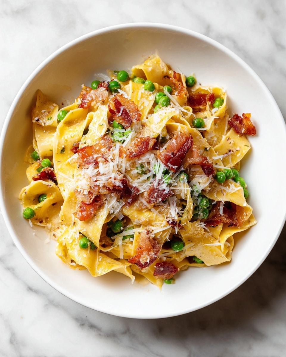 A white bowl holds a serving of creamy pasta with three visible layers: wide yellow pasta ribbons form the base, topped with bright green peas and crispy golden-brown bacon pieces scattered throughout, and finished with a light dusting of finely shredded white cheese covering the top unevenly; the pasta looks soft and slightly glossy, contrasting with the crunchy texture of the bacon, all set on a white marbled surface. photo taken with an iphone --ar 4:5 --v 7