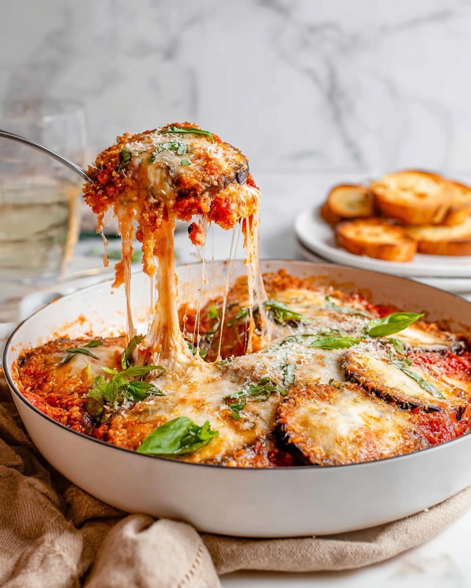 A white round pan filled with several thick, round slices of eggplant layered with bright red tomato sauce and covered with melted, golden-brown cheese, some fresh green basil leaves scattered on top. One piece is lifted on a fork, showing stretchy, gooey white melted cheese dripping down from the slice. The background has pieces of toasted bread on a white plate and a clear glass, all set on a white marbled surface with a beige cloth nearby. photo taken with an iphone --ar 4:5 --v 7