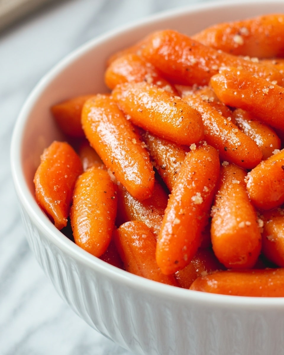 A close-up view of a white bowl filled with small, bright orange glazed baby carrots. The carrots have a shiny, sticky coating with visible specks of black pepper and granules of brown sugar sprinkled evenly on top. The carrots are piled high, with some leaning against the bowl's textured sides. The background shows a soft, out-of-focus white marbled surface. photo taken with an iphone --ar 4:5 --v 7