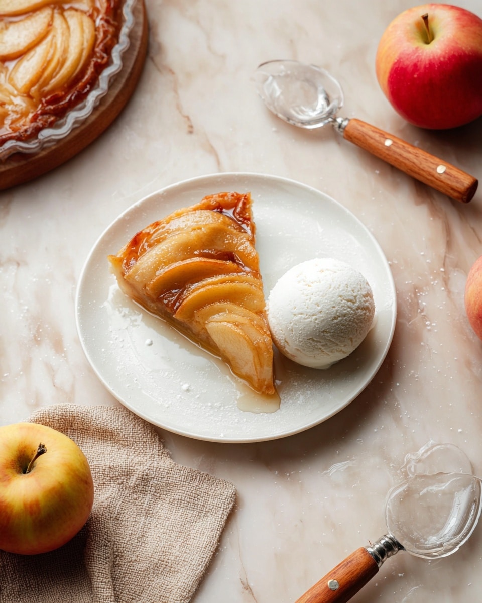 A single slice of apple tart sits on a white transparent plate, topped with shiny caramelized apple pieces forming the top golden-brown layer, with a slightly darker base crust layer underneath. Next to the tart slice, there is a round scoop of smooth, white vanilla ice cream that contrasts with the warm tones of the tart. The plate is centered on a white marbled texture surface, with two red and yellow apples nearby to the right. A white textured cloth napkin with wooden-handled cutlery lies to the left of the plate, and an empty ice cream scooper with some leftover white ice cream is placed in the lower right corner, adding to the scene’s cozy and inviting feel. photo taken with an iphone --ar 4:5 --v 7